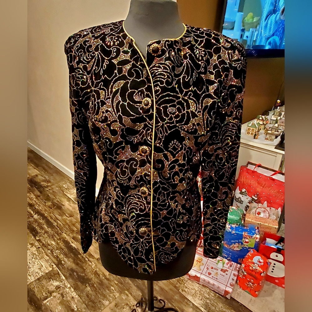 Vintage 80s R&K Evenings Cropped Open Bolero Jacket Metallic Embroidered Size 12